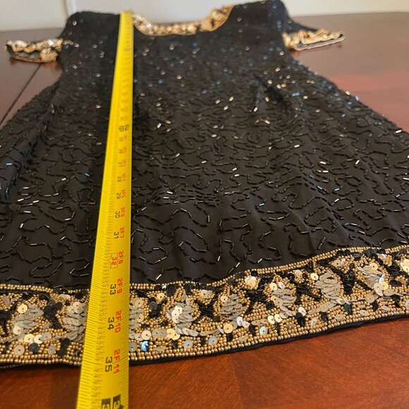 Vintage A.J. Bari Black 100% Silk Beaded Cocktail Dress W/ Gold Sequins Sz 6 - Picture 6 of 11
